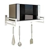 ABCOOL Estante de pared para horno microondas para cocina y hogar, soporte de encimera de acero al carbono con riel de gancho y 3 ganchos deslizantes