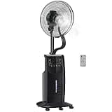 HOMCOM Ventilador de Pie Oscilante con Nebulizador 90W Iones Negativos Control Remoto 5 Aspas Tanque de Agua 3,1 L 3 Velocidades Temporizador y Ruedas 44,5x44,5x135 cm Negro