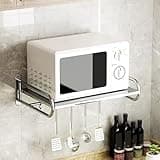 Ccarzzi Estantería para microondas de acero inoxidable para montaje en pared, soporte para microondas, estante de cocina con gancho móvil, para horno, microondas, condimento, utensilios de cocina