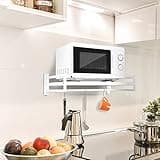 ABCOOL Estante de pared para horno microondas para cocina y hogar, soporte de encimera de acero al carbono con riel de gancho y 3 ganchos deslizantes