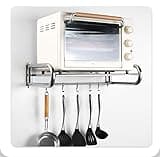 Ccarzzi Estantería para microondas de acero inoxidable para montaje en pared, soporte para microondas, estante de cocina con gancho móvil, para horno, microondas, condimento, utensilios de cocina