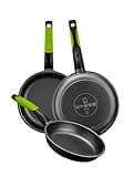 BRA Prior Set de 3 Sartenes, 18-22-26 cm, Aluminio Fundido Antiadherente, con Dos Salvamanteles Safe Verdes, Aptas para Todo Tipo de Cocinas Incluida Inducción