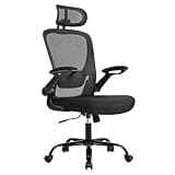 SONGMICS Silla de Oficina, Silla de Escritorio de Malla, Silla Giratoria Ergonómica, Soporte Lumbar, Oscilante, Asiento de 53 cm, Apoyabrazos Abatibles, Reposacabezas, Negro Tinta OBN047B01