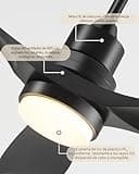Ventilador de Techo con Luz y Mando a Distancia, Negro Ventiladores de Techo de 132 cm con Lámpara Luz Led con Motor DC, 3 Aspas, 6 Velocidades, Silencioso, Temporizador, para Exterior Dormitorio Saló