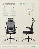 SONGMICS Silla de Oficina, Silla de Escritorio de Malla, Silla Giratoria Ergonómica, Soporte Lumbar, Oscilante, Asiento de 53 cm, Apoyabrazos Abatibles, Reposacabezas, Negro Tinta OBN047B01