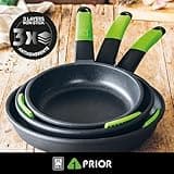BRA Prior Set de 3 Sartenes, 18-22-26 cm, Aluminio Fundido Antiadherente, con Dos Salvamanteles Safe Verdes, Aptas para Todo Tipo de Cocinas Incluida Inducción