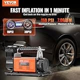 VEVOR Compresor de Aire Resistente 12 V Inflador de Neumáticos 200 L/min Kit de Inflador de Neumáticos 10,3 Bar Bomba de Aire Todoterreno con Adaptadores, Manómetro, para Camiones, Coches, SUV, RV