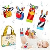 Sonajero Calcetines y Muñequeras para Bebé, Sonajero Toys con Buscador de Muñeca y Pie Juguetes de Animales Suaves y Bonitos para Recién Nacidos Niños Bebés (2 Pulseras y 2 Calcetines)
